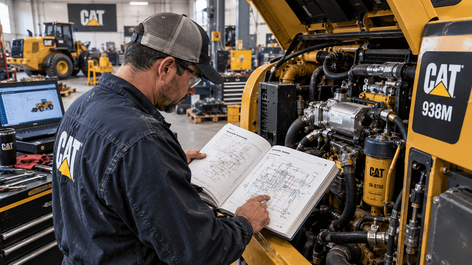 Technician reading heavy equipment service manuals in a machinery workshop