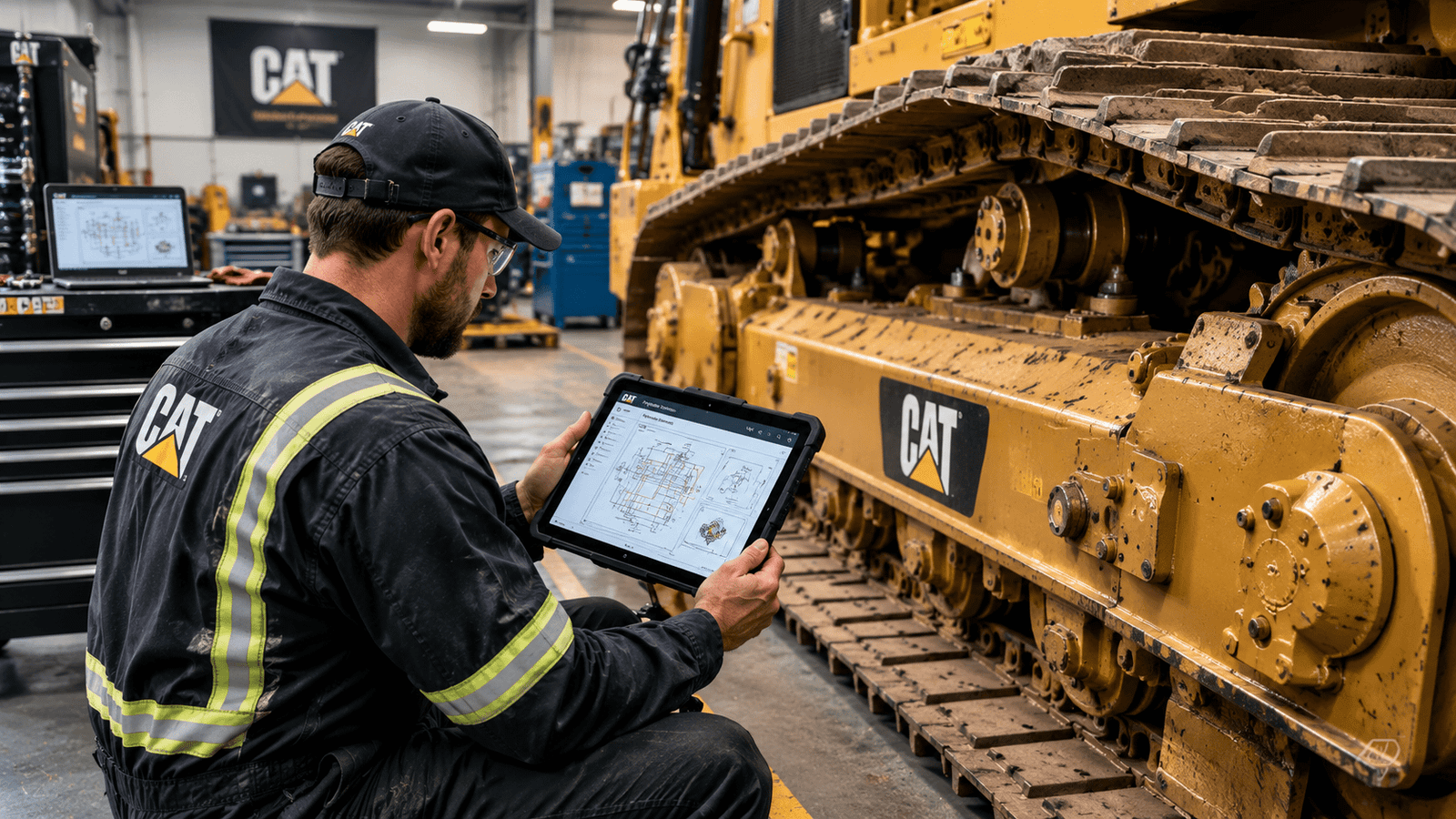Professional heavy equipment mechanic reviewing digital Caterpillar service repair manuals on a tablet in a workshop
